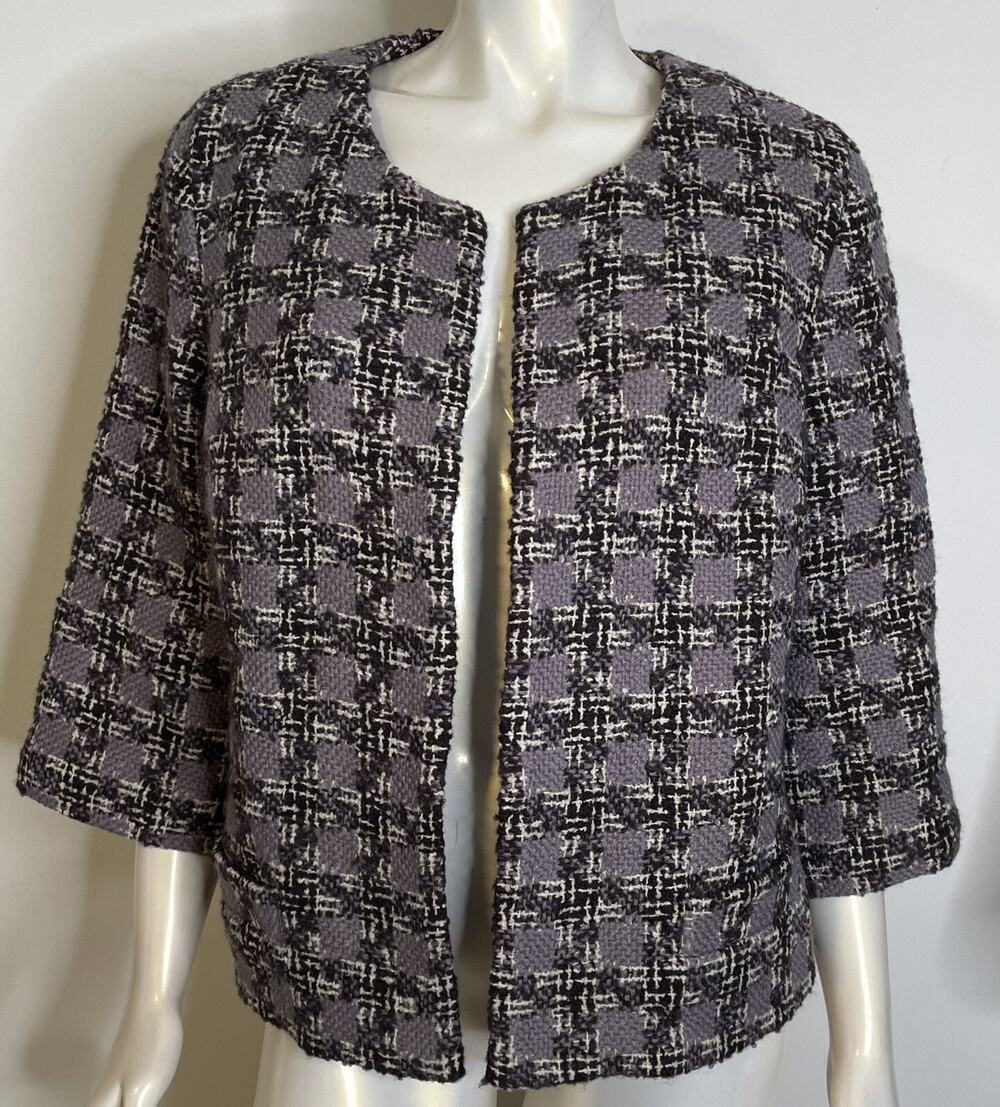 Boden Brown White Purple Wool Plaid Blazer Jacket UK16 US 12 3/4 Sleeves